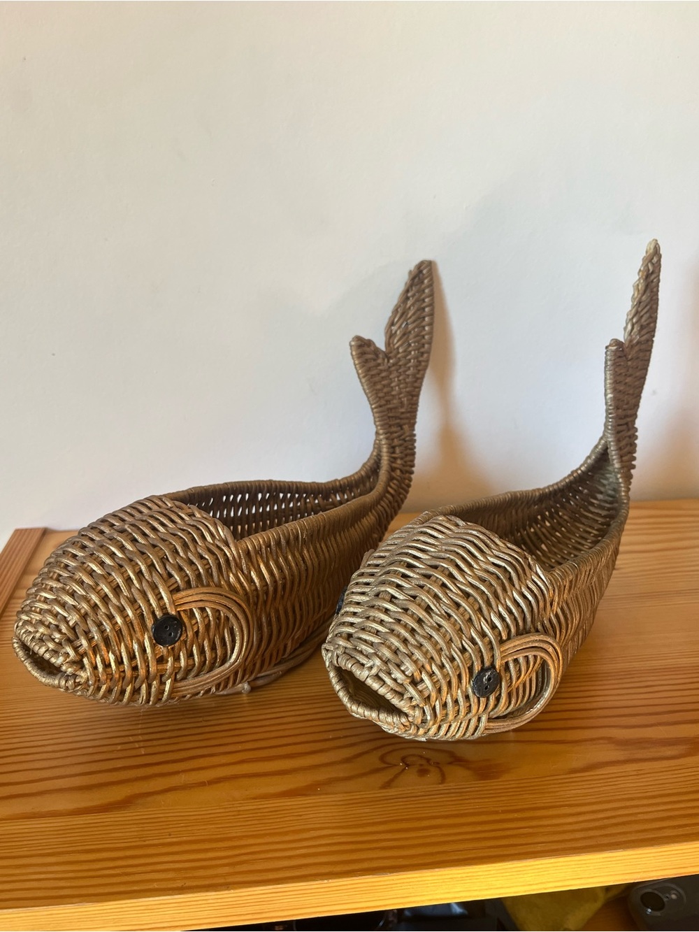 Decorative Hand Woven Rattan Wicker Open Back Fish Coastal Baskets Set of 2